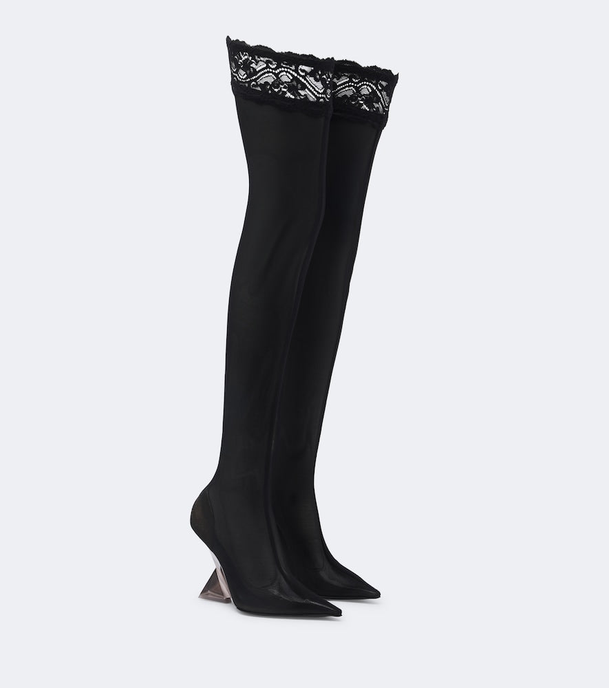 The Attico Cheope lace-trimmed mesh over-the-knee boots - Black Mid Heel Boots