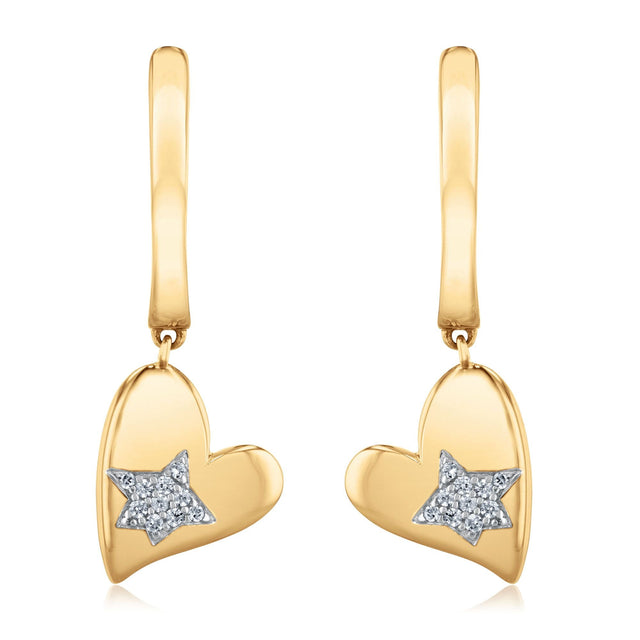 The Little Prince(R) 1/15ctw Diamond Yellow Gold Heart Dangle Huggie Hoop Earrings