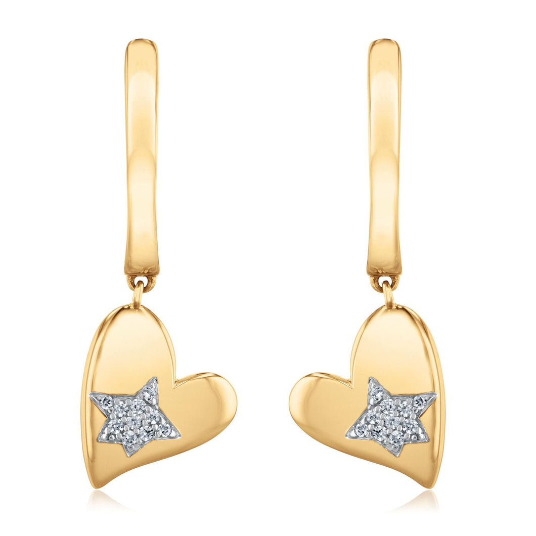 The Little Prince(R) 1/15ctw Diamond Yellow Gold Heart Dangle Huggie Hoop Earrings