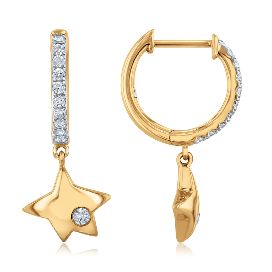 The Little Prince(R) 1/4ctw Diamond Yellow Gold Star Dangle Huggie Hoop Earrings