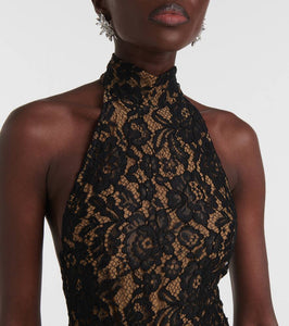 The New Arrivals Ilkyaz Ozel Cass lace-trimmed ruched halterneck gown
