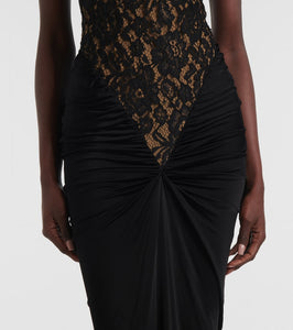 The New Arrivals Ilkyaz Ozel Cass lace-trimmed ruched halterneck gown