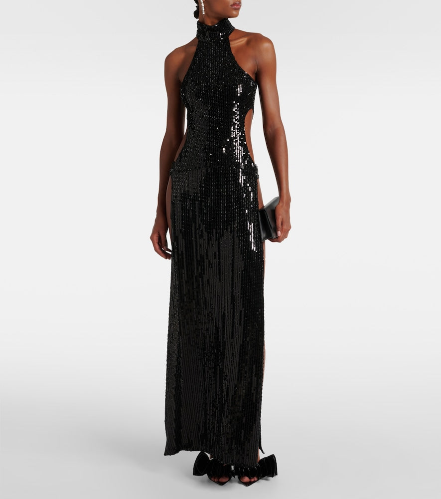 The New Arrivals Ilkyaz Ozel Sequined cutout halterneck gown