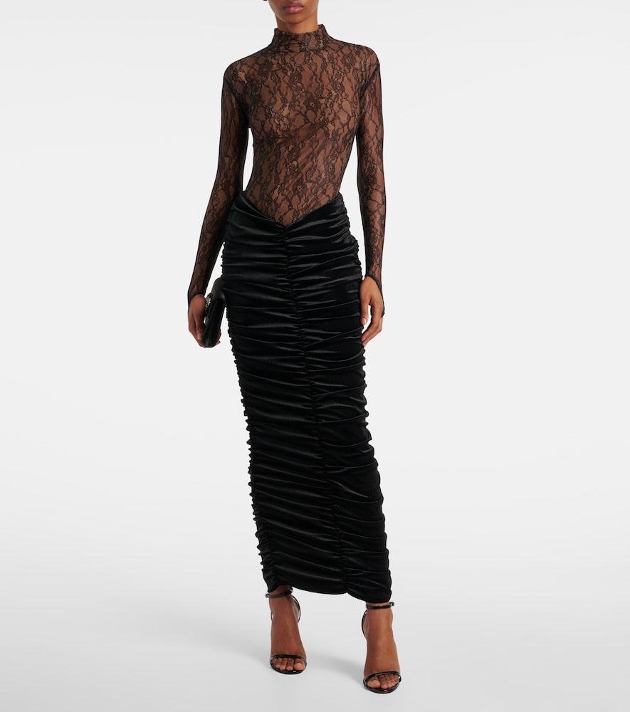 The New Arrivals Ilkyaz Ozel Sianni in Midnight Sky ruched lace and velvet gown