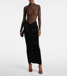 The New Arrivals Ilkyaz Ozel Sianni in Midnight Sky ruched lace and velvet gown