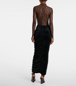 The New Arrivals Ilkyaz Ozel Sianni in Midnight Sky ruched lace and velvet gown