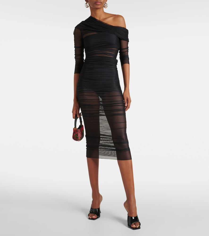 The Sei One-shoulder ruched mesh midi dress