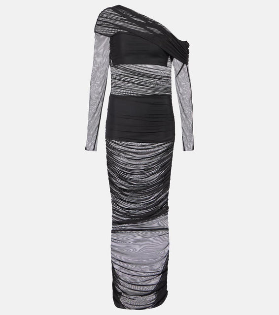 The Sei One-shoulder ruched mesh midi dress