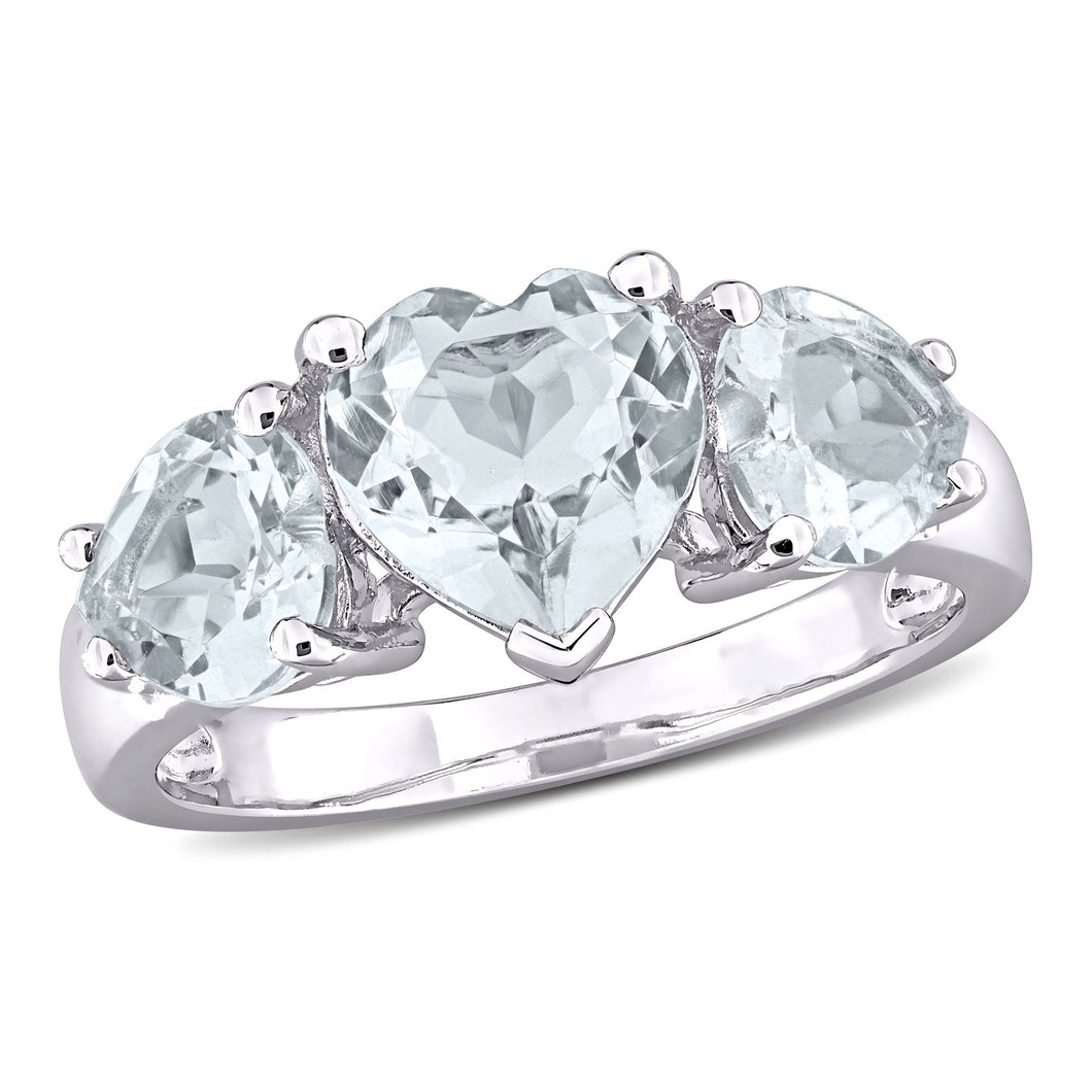 Three-Stone Heart Aquamarine Sterling Silver Ring - Size 5