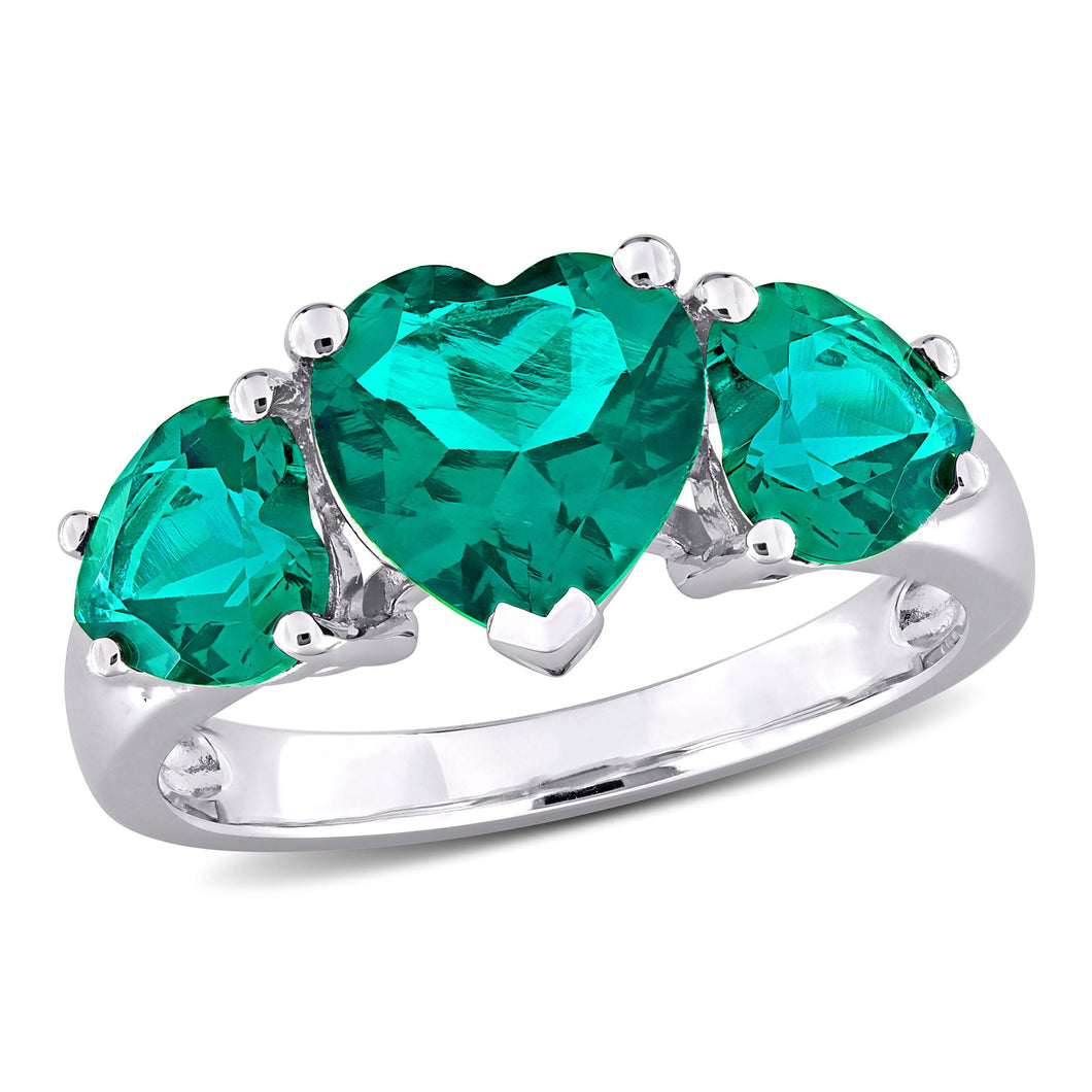 Three-Stone Heart Created Emerald Sterling Silver Ring - Size 9
