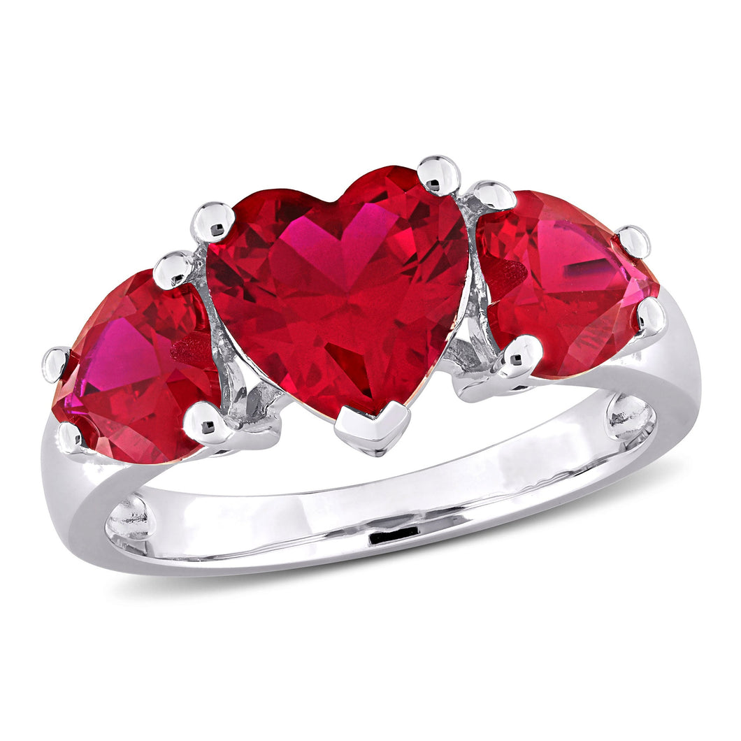 Three-Stone Heart Created Ruby Sterling Silver Ring - Size 8