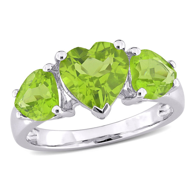 Three-Stone Heart Peridot Sterling Silver Ring - Size 7