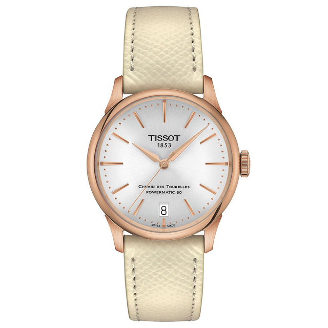 Tissot Chemin des Tourelles Powermatic 80 Silver-Tone Dial Cream Leather Strap Watch | 34mm | T139.207.36.031.00