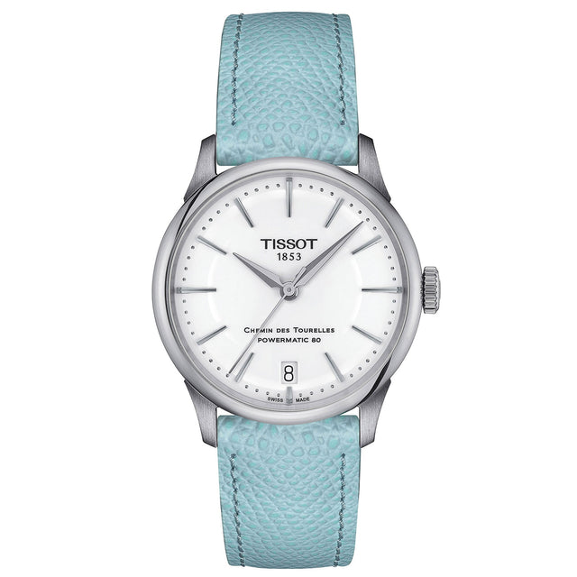 Tissot Chemin des Tourelles Powermatic 80 White Dial Light Blue Leather Strap Watch | 34mm | T139.207.16.011.00