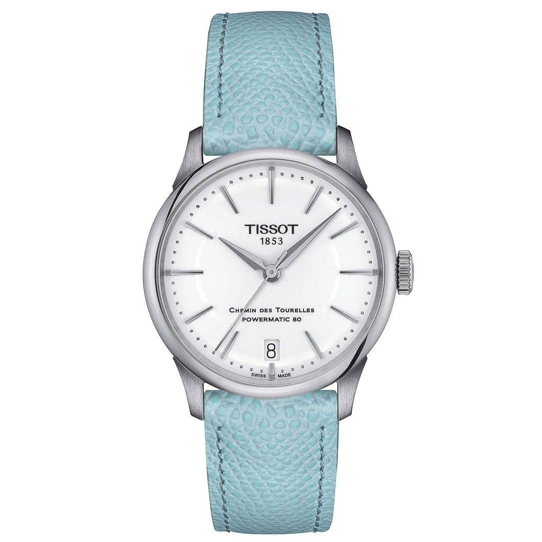 Tissot Chemin des Tourelles Powermatic 80 White Dial Light Blue Leather Strap Watch | 34mm | T139.207.16.011.00