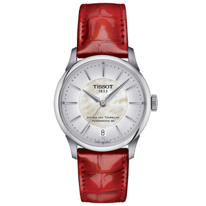 Tissot Chemin des Tourelles Powermatic 80 White Mother-of-Pearl Dial Red Leather Strap Watch | 34mm | T139.207.16.111.00