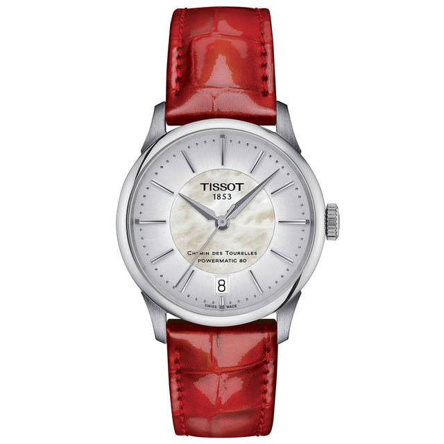 Tissot Chemin des Tourelles Powermatic 80 White Mother-of-Pearl Dial Red Leather Strap Watch | 34mm | T139.207.16.111.00