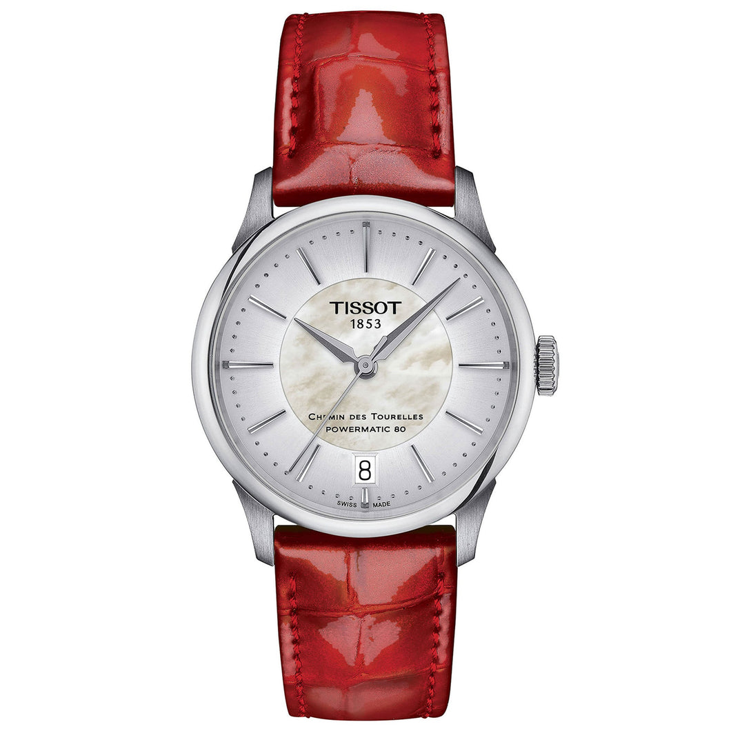Tissot Chemin des Tourelles Powermatic 80 White Mother-of-Pearl Dial Red Leather Strap Watch | 34mm | T139.207.16.111.00