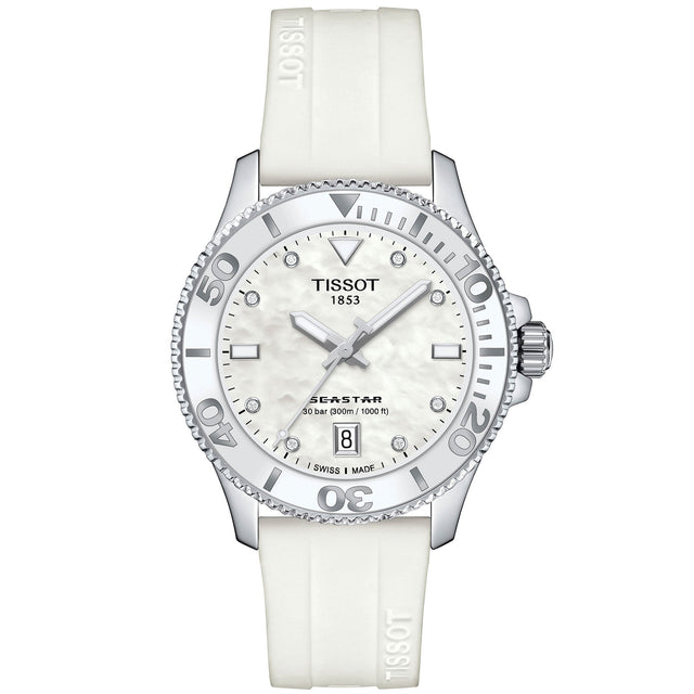 Tissot T-Sport Seastar 1000 Quartz Diver Mother-of-Pearl Dial White Silicone Strap Watch | 36mm | T1202101711600