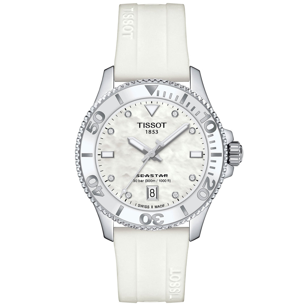 Tissot T-Sport Seastar 1000 Quartz Diver Mother-of-Pearl Dial White Silicone Strap Watch | 36mm | T1202101711600