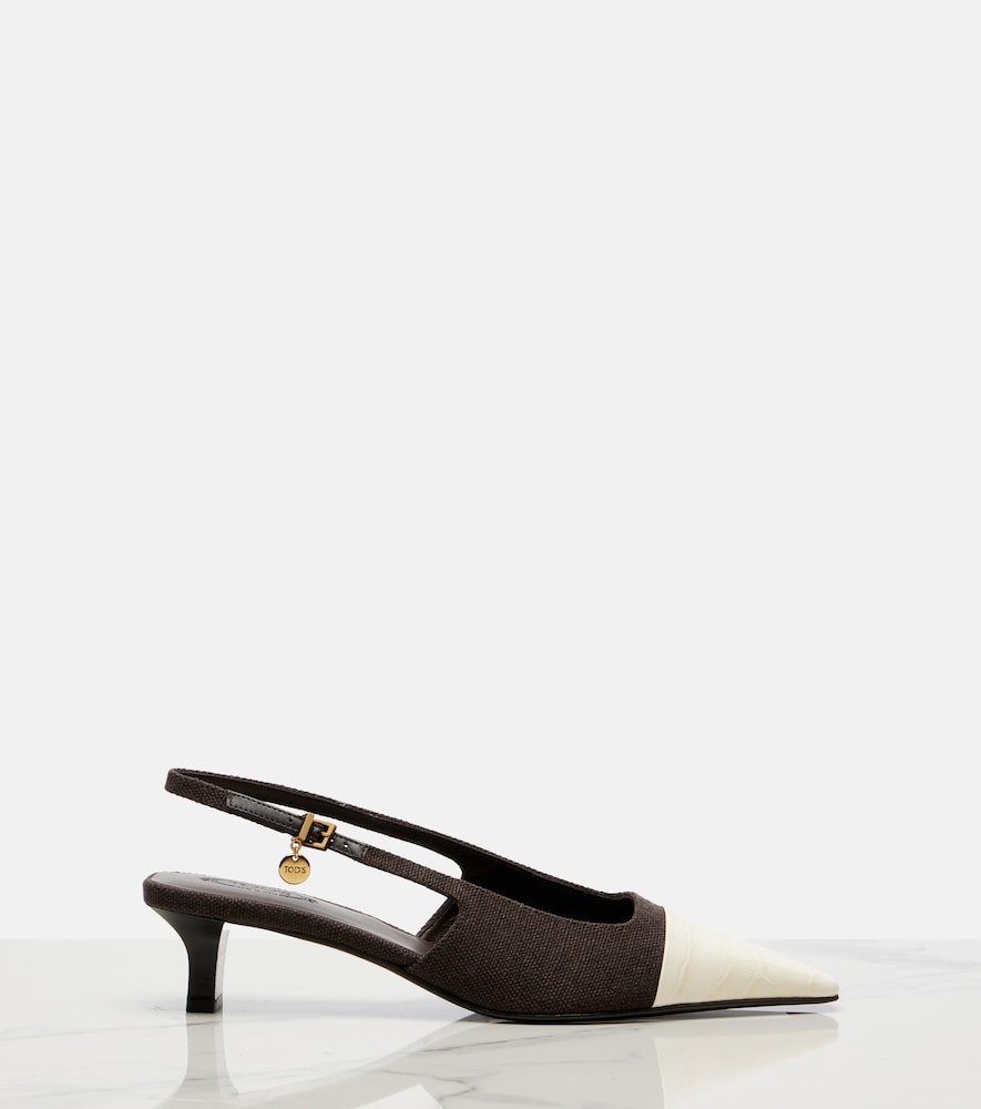 Tod's Leather-trimmed canvas slingback pumps