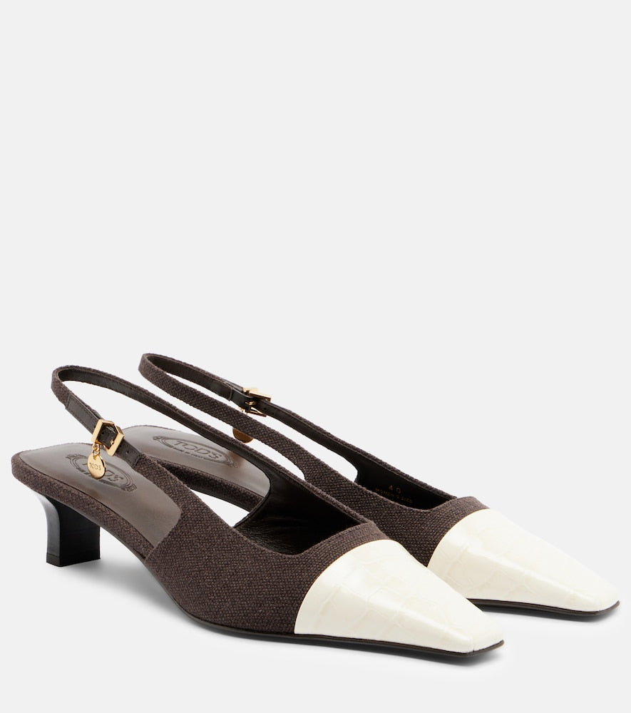 Tod's Leather-trimmed canvas slingback pumps