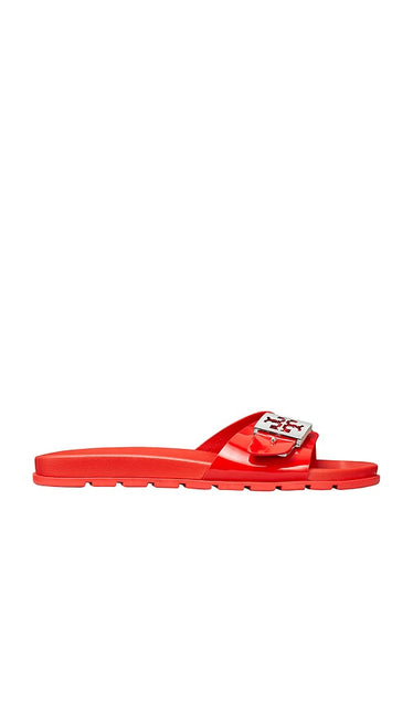 Tory Burch Buckle Slide in Red | Lipstick Red & Silver Flat Sandals for Women