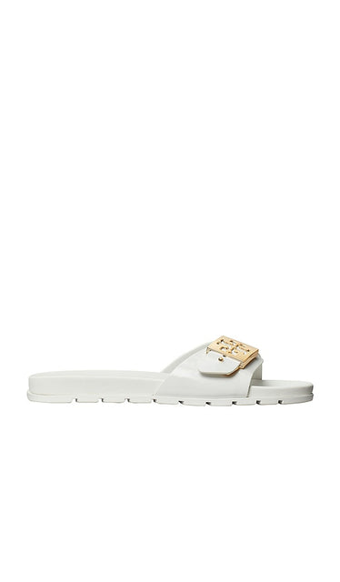 Tory Burch Buckle Slide in White | White & Gold Slides for Women