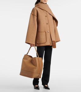 Toteme Belted leather-trimmed wool tote bag