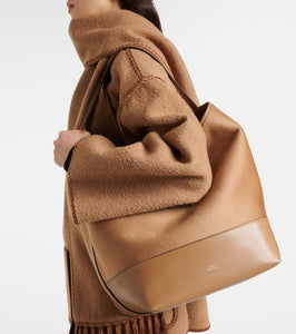 Toteme Belted leather-trimmed wool tote bag