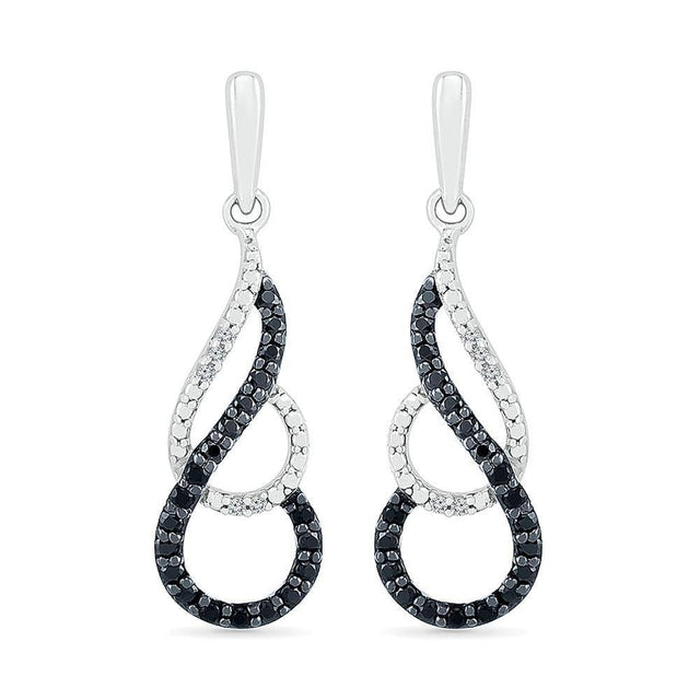Treated Black Diamond and Diamond Swirl Drop Earrings 1/5ctw