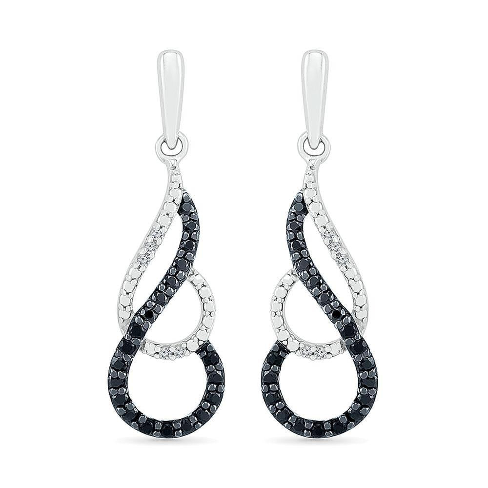 Treated Black Diamond and Diamond Swirl Drop Earrings 1/5ctw