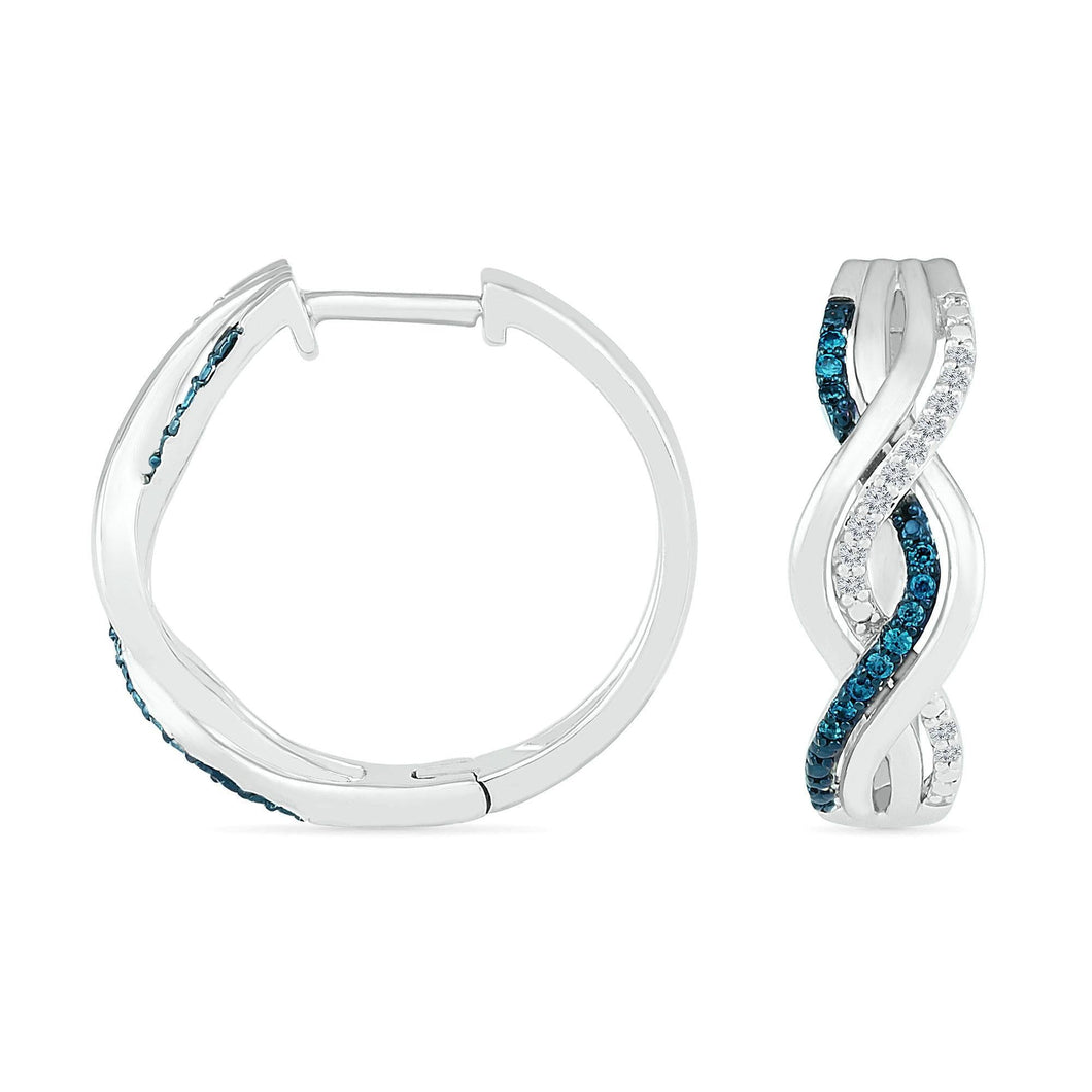 Treated Blue Diamond and Diamond Twisting Hoop Earrings 1/6ctw