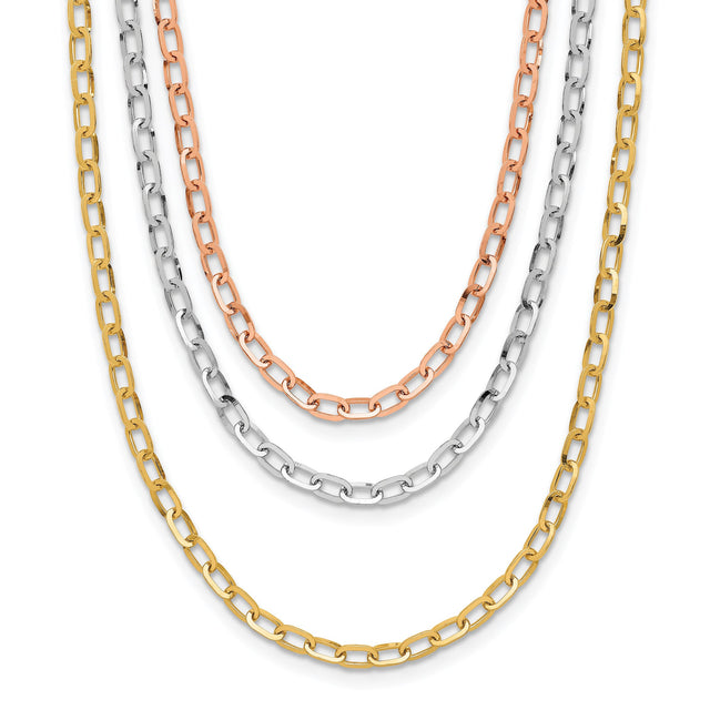 Tri-Tone Gold Hollow Three-Strand Open Link Chain Necklace | 18 Inches