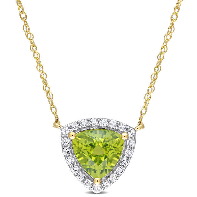 Trillion Peridot and White Topaz Halo Yellow Gold Pendant Necklace