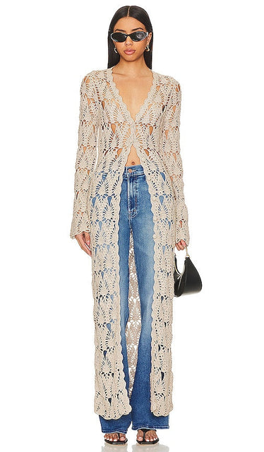 Tularosa Aver Crochet Maxi Cardigan in Beige - Tularosa Aver Crochet Maxi Cardigan en Beige - Tularosa Aver 米色钩编超长开衫 - Tularosa Aver Häkel-Maxi-Cardigan in Beige - Tularosa Aver 크로셰 맥시 가디건베이지색 - Maxi cardigan all'uncinetto Tularosa Aver in beige