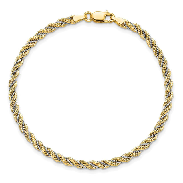 Two-Tone Gold Hollow Polished Textured Rope Chain Bracelet | 3.25mm | 7.5 Inches