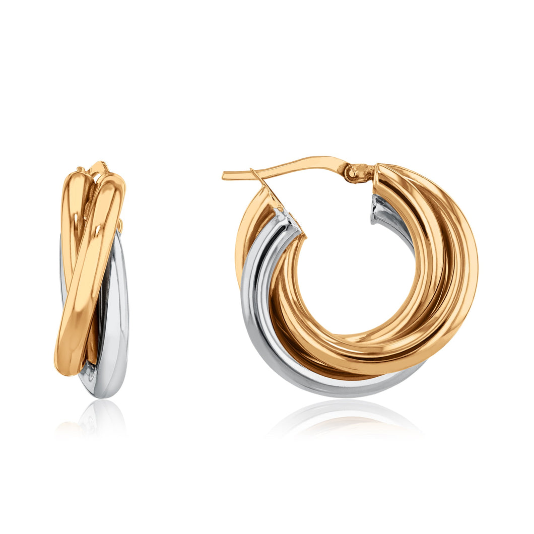 Two-Tone Gold Tube Torchon Bypass Hoop Earrings