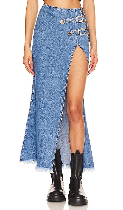 Understated Leather Western Maxi Skirt in Blue