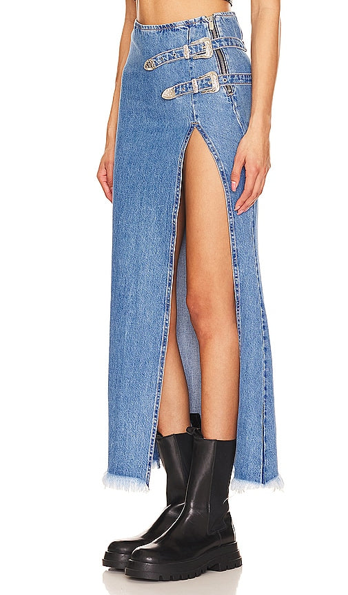 Understated Leather Western Maxi Skirt in Blue