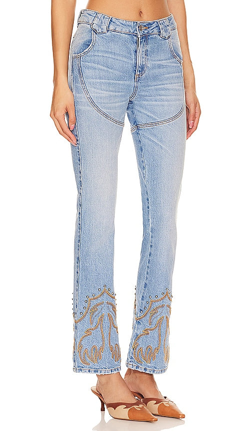 Understated Leather Western Stretch Jeans in Blue