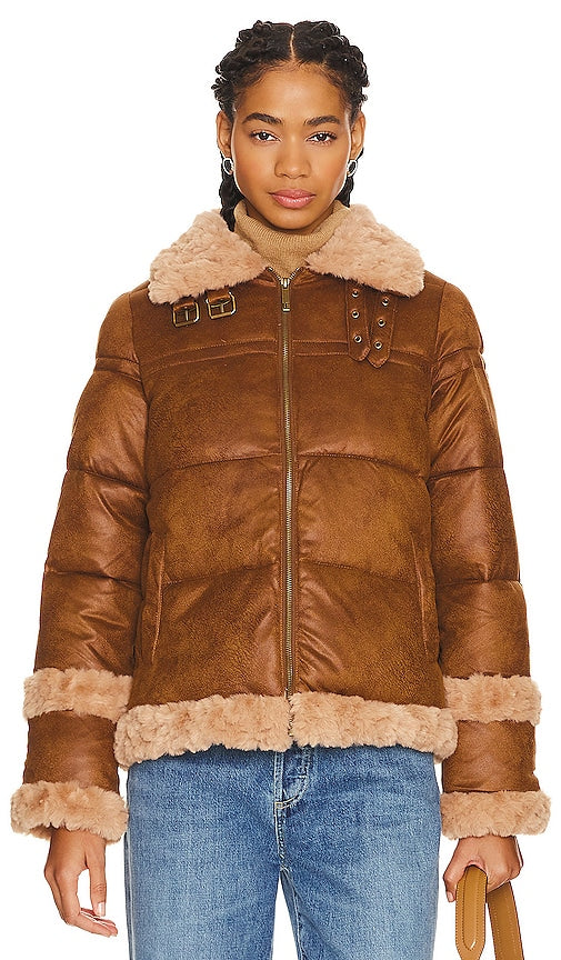Unreal Fur Ripple Puffer Jacket in Brown