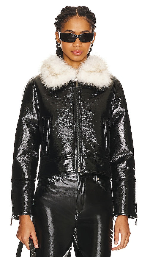 Unreal Fur Wet Look Aviator Jacket in Black