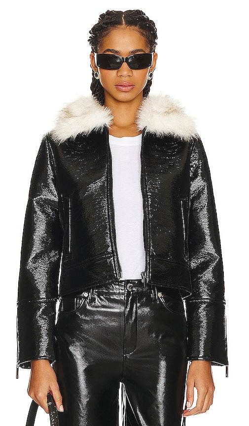 Unreal Fur Wet Look Aviator Jacket in Black - Veste aviateur effet mouillé en fourrure Unreal en noir - 黑色 Unreal Fur Wet Look 飞行员夹克 - Unreal Fur Wet Look Fliegerjacke in Schwarz - Unreal Fur Wet Look 에비에이터 재킷 - Giacca da aviatore effetto bagnato in pelliccia irreale in nero
