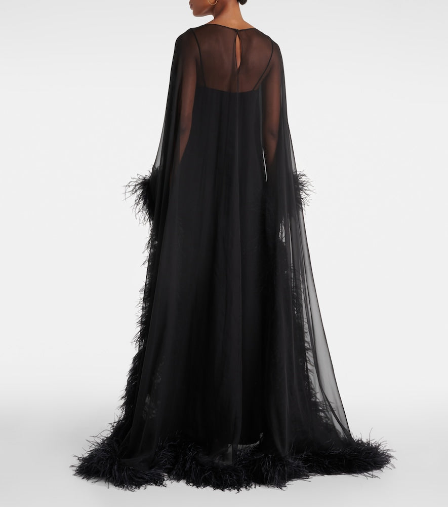 Valentino Caped feather-trimmed silk gown