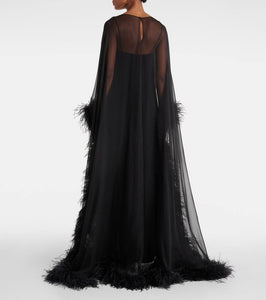 Valentino Caped feather-trimmed silk gown