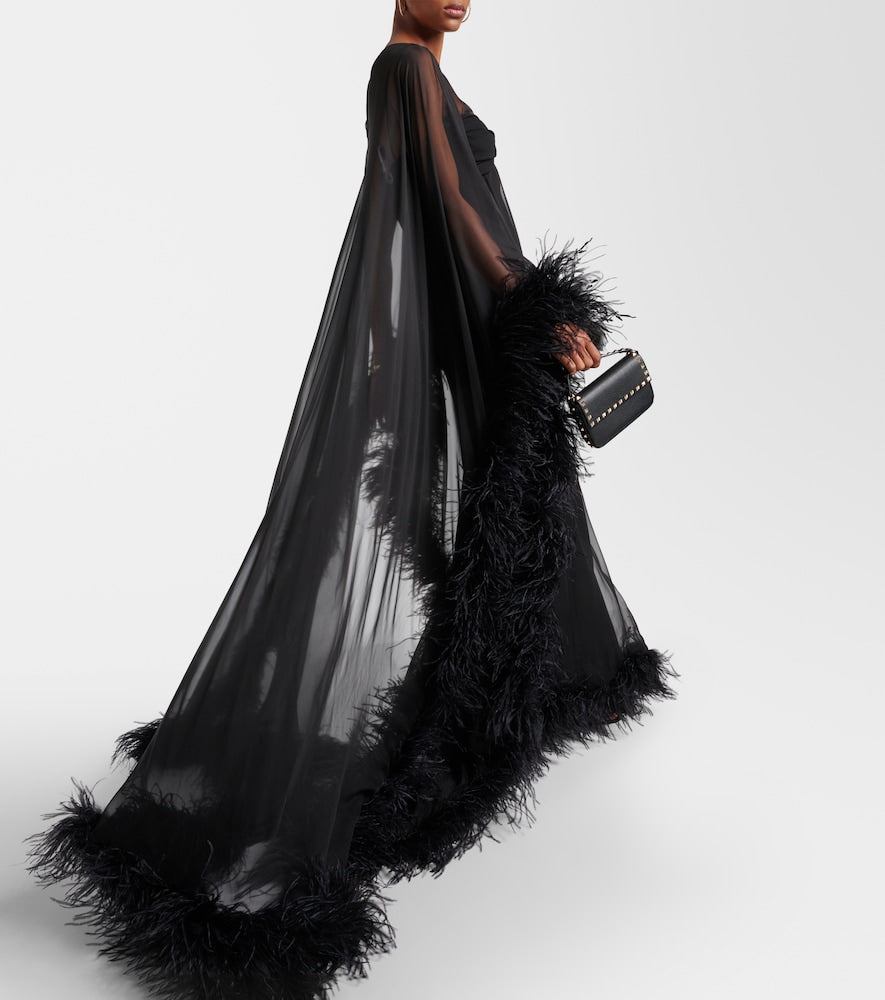 Valentino Caped feather-trimmed silk gown