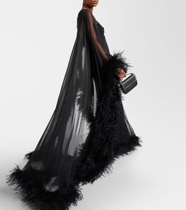 Valentino Caped feather-trimmed silk gown