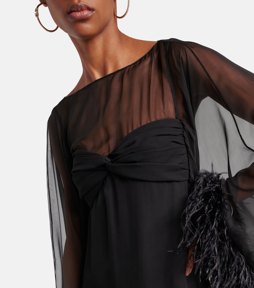 Valentino Caped feather-trimmed silk gown