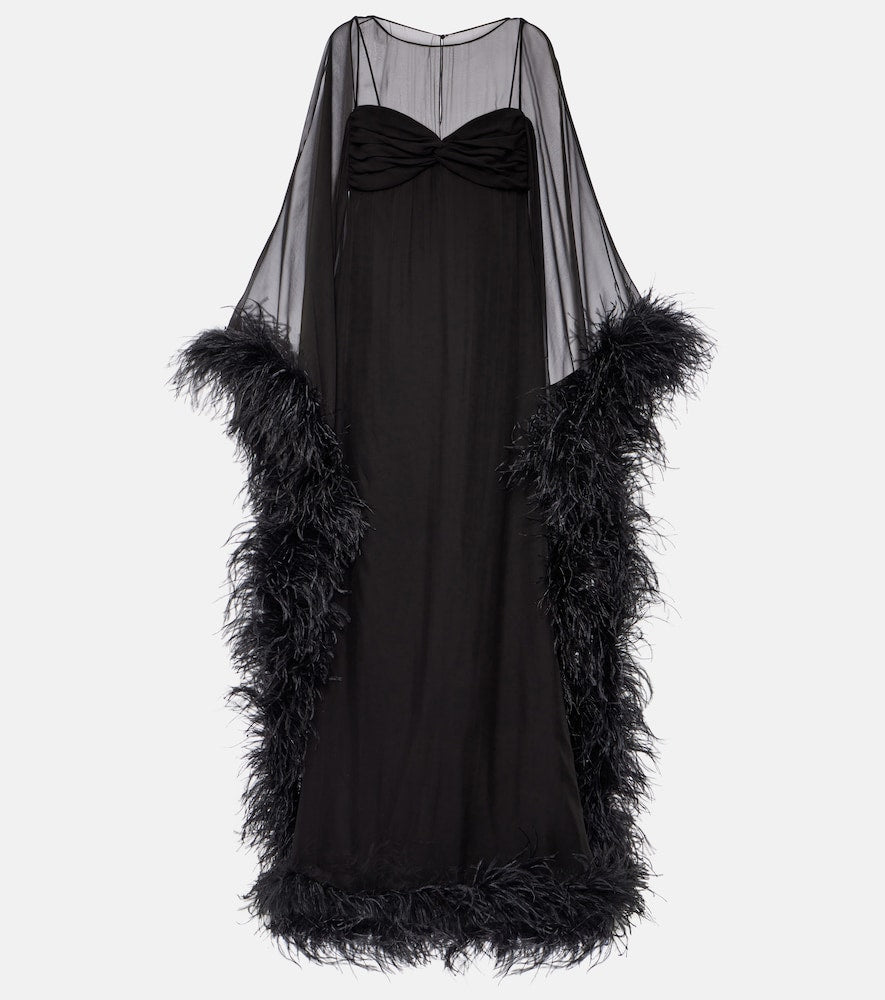 Valentino Caped feather-trimmed silk gown. 华伦天奴披肩羽毛饰边丝绸礼服